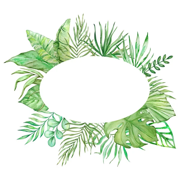 Oval Ram Med Akvarell Tropiska Blad För Sommar Design — Stockfoto