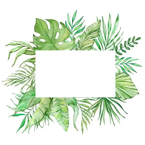 Rektangulär Ram Med Akvarell Tropiska Blad För Sommardesign — Stockfoto