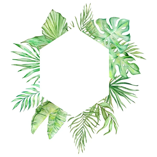 夏季设计用水彩画热带树叶的多边形框架 — 图库照片
