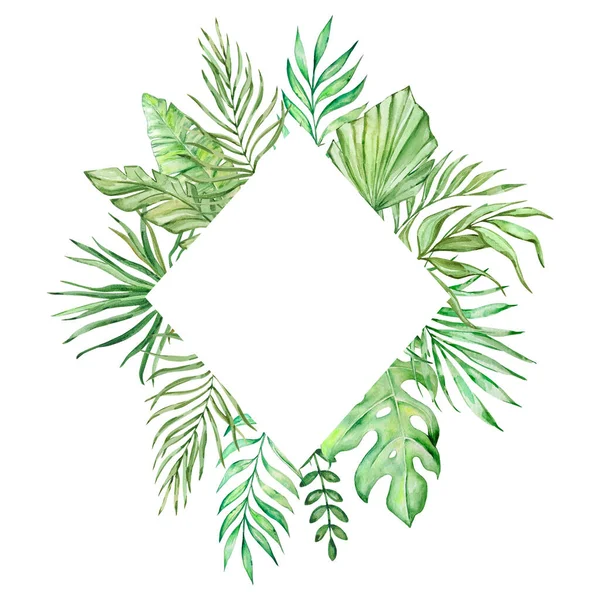 Rhombus Ram Med Akvarell Tropiska Blad För Sommardesign — Stockfoto