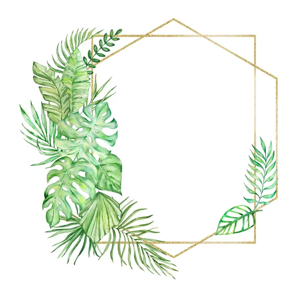 Akvarell Tropiska Blad Med Gyllene Geometrisk Ram För Sommarkort — Stockfoto
