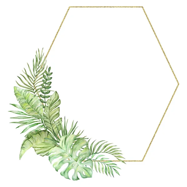 Akvarell Tropiska Blad Med Gyllene Geometrisk Ram För Sommarkort — Stockfoto