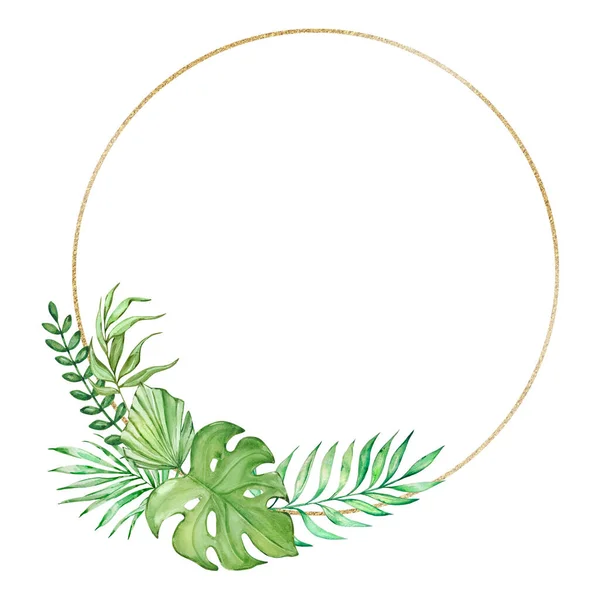 Akvarell Tropiska Blad Med Guld Geometrisk Rund Ram För Sommarkort — Stockfoto