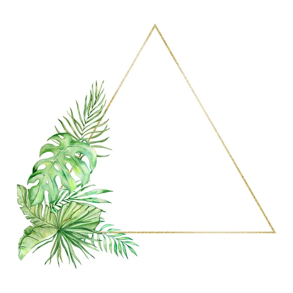 Feuilles Tropicales Aquarelle Avec Cadre Triangulaire Géométrique Doré Pour Cartes — Photo