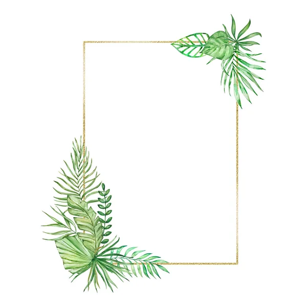 Akvarell Tropiska Blad Med Gyllene Geometrisk Rektangulär Ram För Sommarkort — Stockfoto