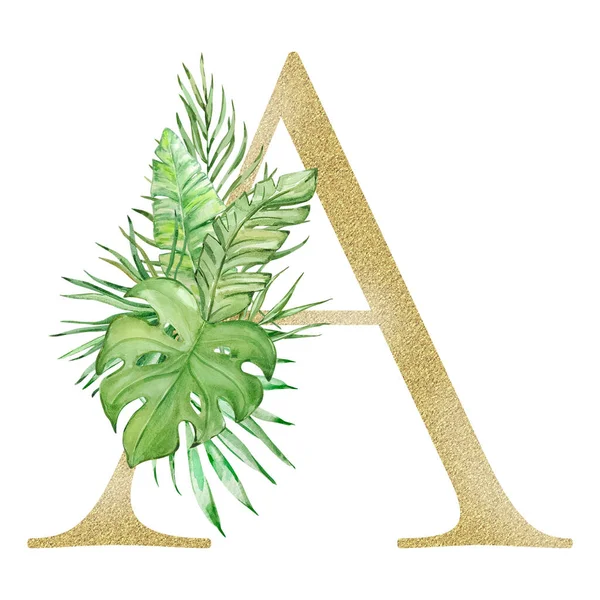 Lettera Decorata Con Foglie Tropicali Acquerello Verde — Foto Stock
