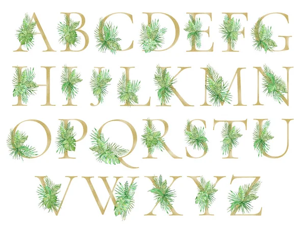 用水彩斑斓的热带树叶和绿叶装饰的字母 — 图库照片