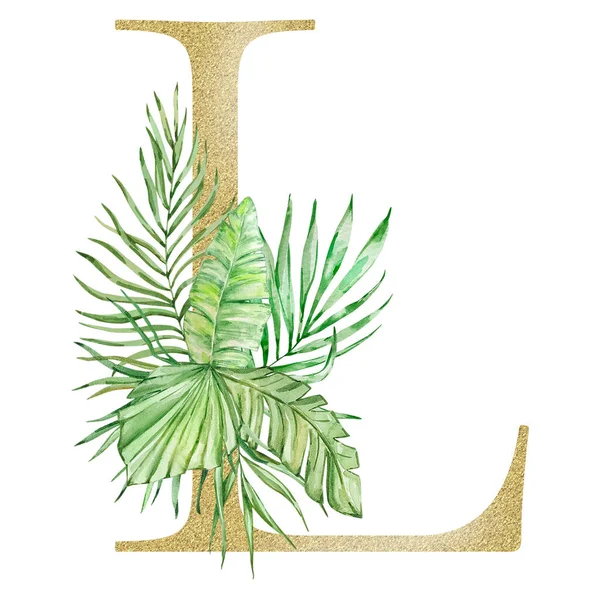 字母L 饰有水彩斑斓的热带树叶和绿叶 — 图库照片