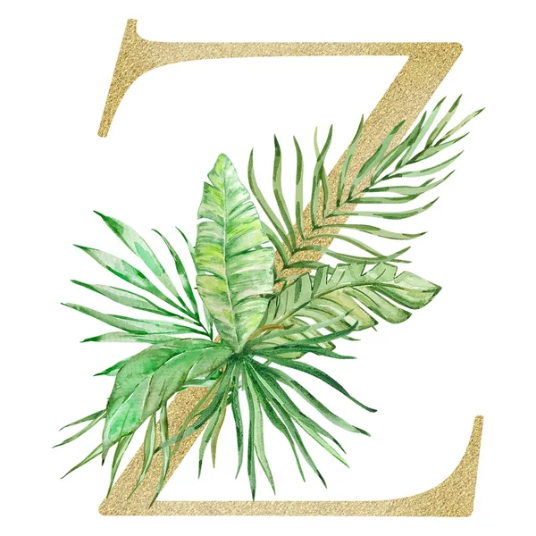 Písmeno Zdobené Akvarelem Tropických Listů Zeleně — Stock fotografie