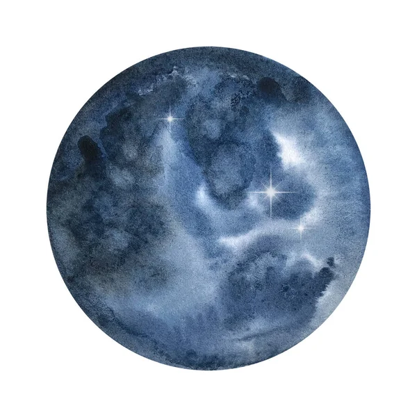 Akvarell Mörkblå Rund Måne Planet — Stockfoto