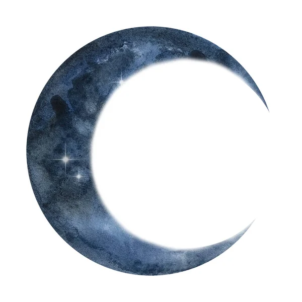 Akvarel Tmavě Modrý Srpek Měsíce Planeta — Stock fotografie