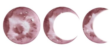 Bir dizi suluboya kırmızı ay, gezegenler, aşamalar