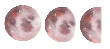 Bir dizi suluboya ay, gezegenler, aşamalar.