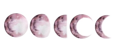 Bir dizi suluboya pembe ay, gezegenler, aşamalar