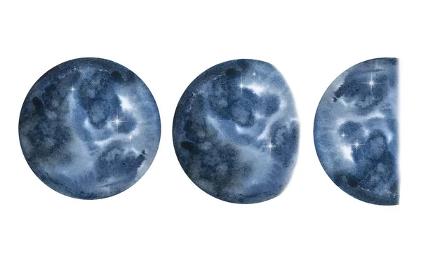 stock image Set of watercolor dark blue moon, planets, phases