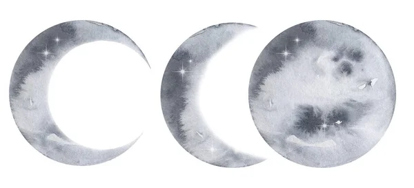 Набор Акварели Серая Луна Планеты Фазы — стоковое фото