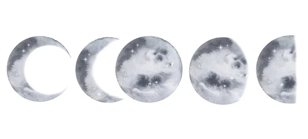 Набор Акварели Серая Луна Планеты Фазы — стоковое фото