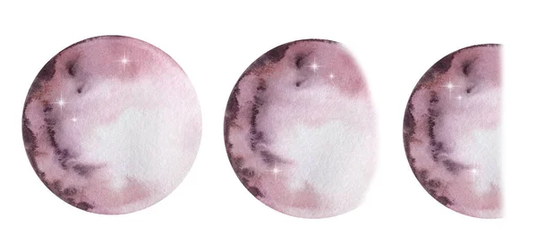 Állítsa Akvarell Rózsaszín Hold Bolygók Fázisok — Stock Fotó