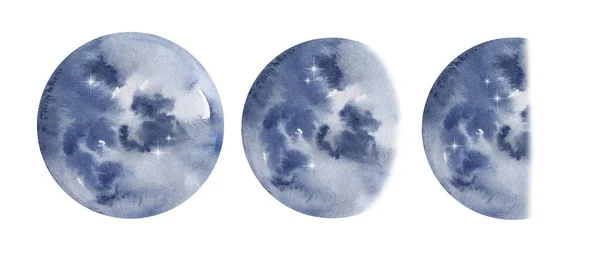 Állítsa Akvarell Fény Kék Hold Bolygók Fázisok — Stock Fotó