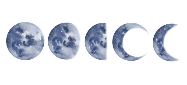 Σύνολο Υδατογραφίας Γαλάζιο Φεγγάρι Πλανήτες Φάσεις — Φωτογραφία Αρχείου