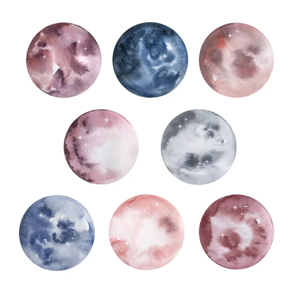 Set Watercolor Colorful Moons Planets Phases — Stock Photo, Image