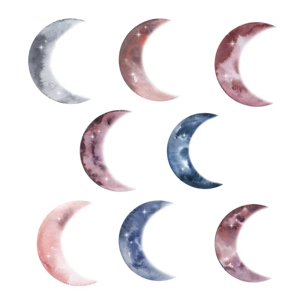 Set Watercolor Colorful Moons Planets Phases — Stock Photo, Image
