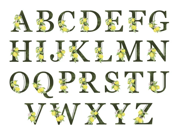 Αλφάβητο Σκούρα Πράσινα Γράμματα Διακοσμημένο Λεμόνια Και Φύλλα Ακουαρέλας — Φωτογραφία Αρχείου