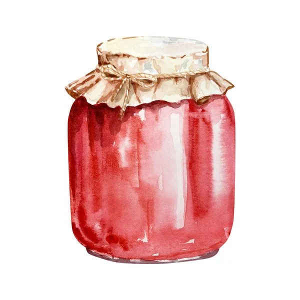 Watercolor Glass Jar Strawberry Jam — Stock Photo, Image