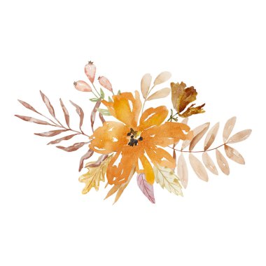 Sonbahar çiçekleri ve yapraklarının suluboya zarif buketi, boho tarzı