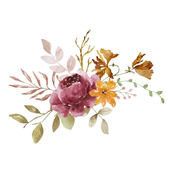 Υδατογραφία Κομψό Μπουκέτο Από Φθινοπωρινά Λουλούδια Και Φύλλα Boho Στυλ Royalty Free Εικόνες Αρχείου