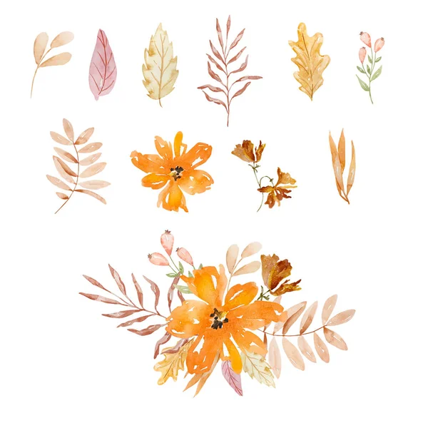 Watercolor Elegant Bouquet Autumn Flowers Leaves Boho Style — Stock Photo, Image