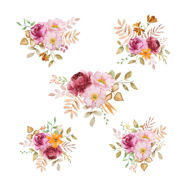 Watercolor Elegant Bouquet Autumn Flowers Leaves Boho Style — Stock Photo, Image