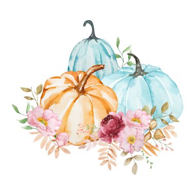 Suluboya balkabağı ve çiçeklerin sonbahar kompozisyonu, pastel renkler