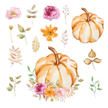 Suluboya balkabağı ve çiçeklerin sonbahar kompozisyonu, pastel renkler