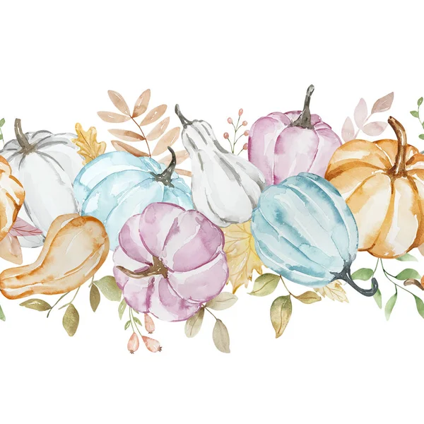Autumn border of watercolor pastel pumpkins, leaves and flowers