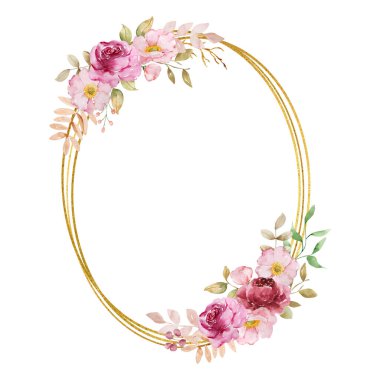 Çerçeve altın geometrik suluboya sonbahar pastel çiçekleri