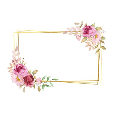 Çerçeve altın geometrik suluboya sonbahar pastel çiçekleri