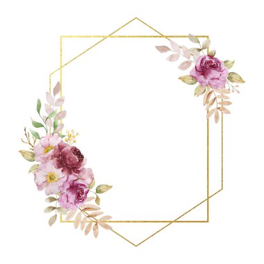 Çerçeve altın geometrik suluboya sonbahar pastel çiçekleri