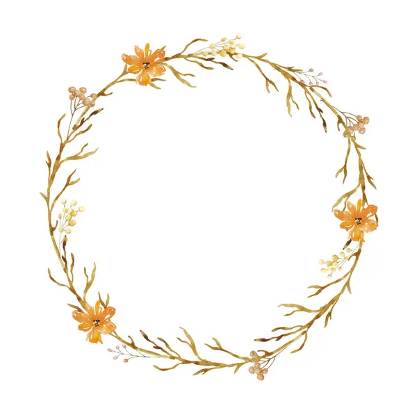 Watercolor Pastel Wreath Autumn Flowers Brunches — Stock Photo, Image