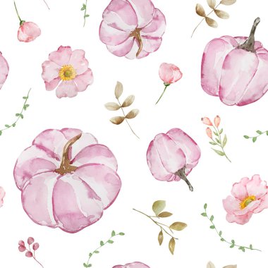 Sonbahar, suluboya pembe balkabakları ve çiçeklerle kusursuz desen