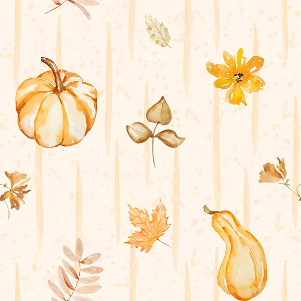 Autumn seamless pattern with watercolor orange pumpkins and flowers