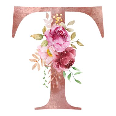 Suluboya çiçekli ve yapraklı sonbahar harfi T