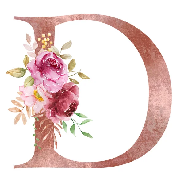 Autumn Letter D with watercolor flowers and leaves
