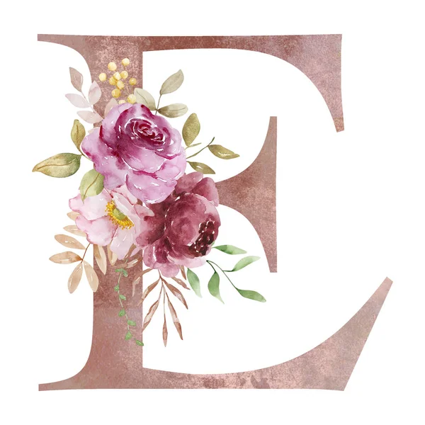 秋天的字母E 有水彩花和树叶 — 图库照片