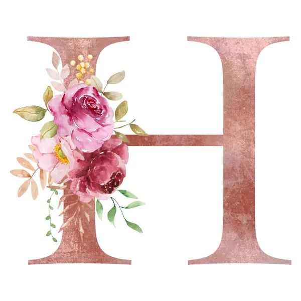 Autumn Letter H with watercolor flowers and leaves