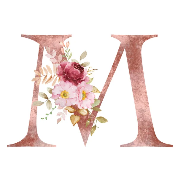 Autumn Letter M with watercolor flowers and leaves