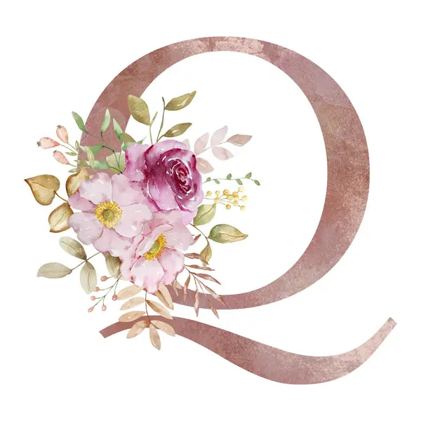 Autumn Letter Q with watercolor flowers and leaves