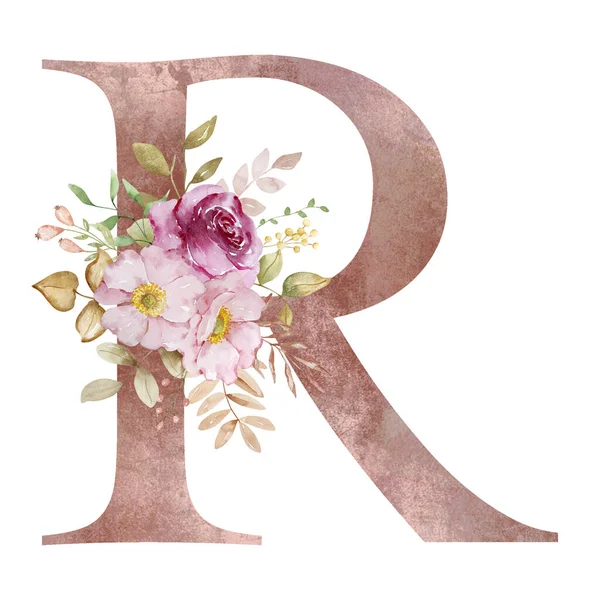 Autumn Letter R with watercolor flowers and leaves