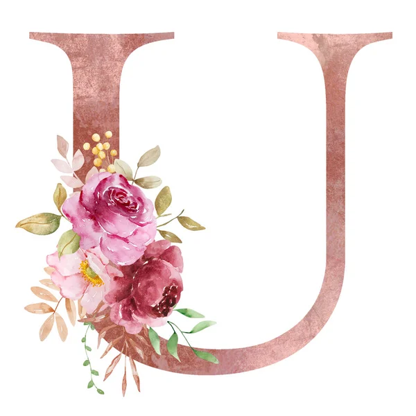 秋天的字母U 有水彩花和树叶 — 图库照片