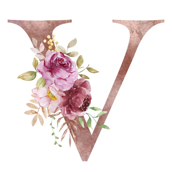 Autumn Letter V with watercolor flowers and leaves